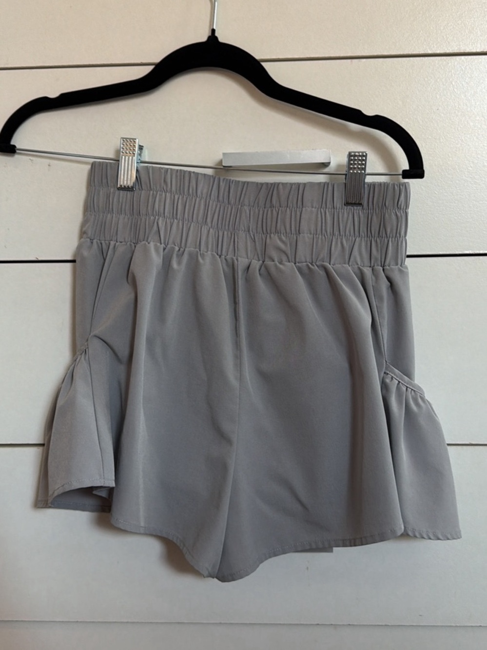 Amazon Women's Light Gray Smocked Waist Ruffle Hem Shorts
